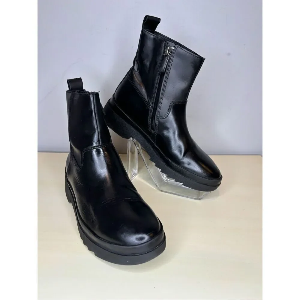 Eileen Fisher Women's Floyd Waterproof Side Zip Leather Rain Boots Black Sz 5.5‎